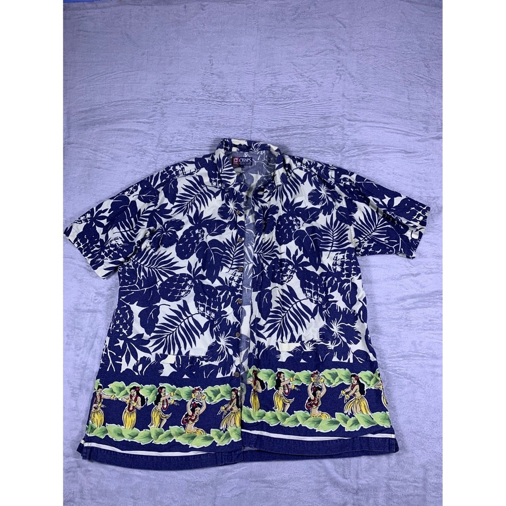 Chaps Ralph Lauren Button-Up Shirt Men XL Blue Cotton Hula Girl Aloha Print Used